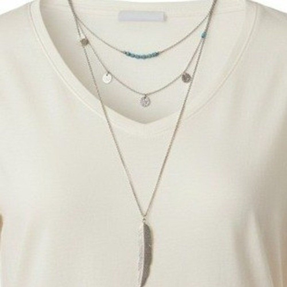Boho Layered Feather Necklace Turquoise Silver Tone‎